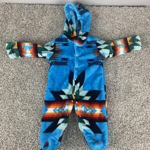 Southwestern Infant One Piece Blue Fleece Hooded Footed Aztec